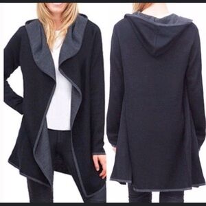 BNCI by Blanc Noir black gray hoodie long open front wool blend cardigan sz L